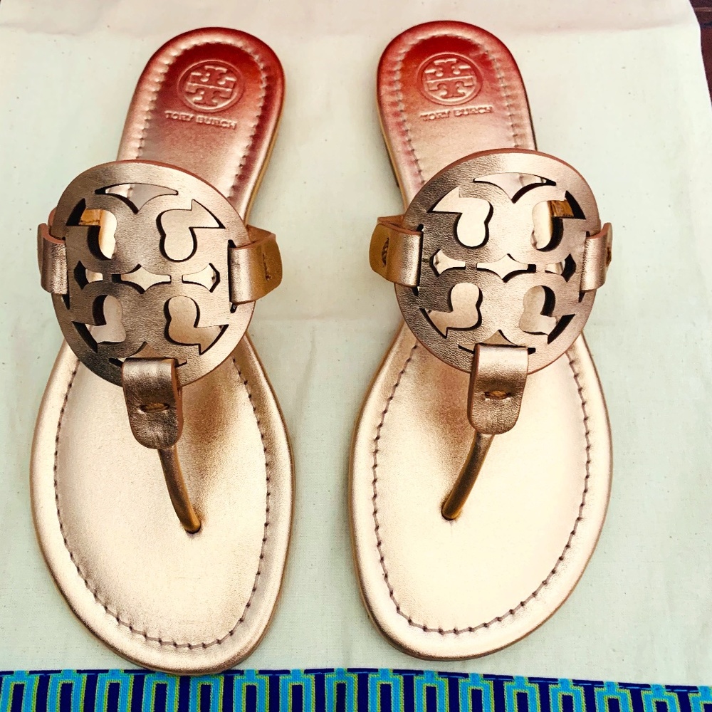 TORY BURCH MILLER SANDALS SIZE 7 ROSE GOLD COMES W/DUST BAG & BOX RETAIL $198